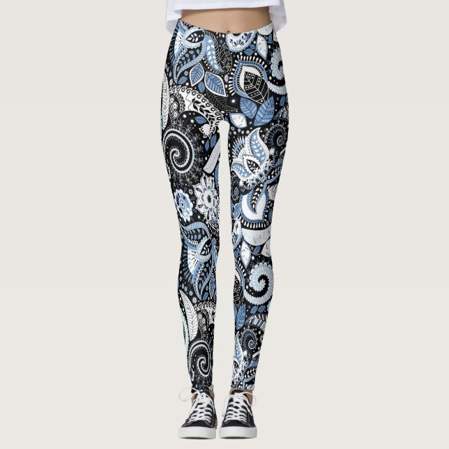 Legging Padrão de Impressão de Paisley Branco e Azul (Frente)