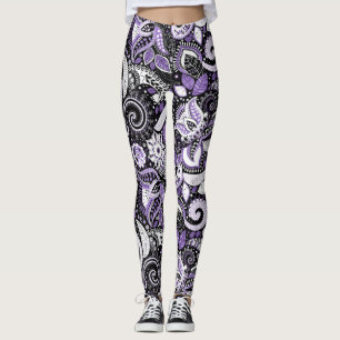 Legging Padrão de Impressão de Paisley Preto e Branco Roxo