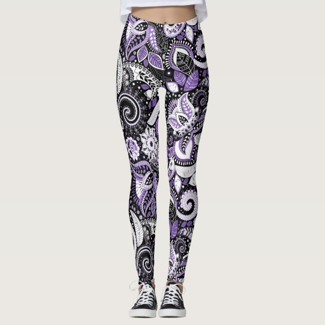 Legging Padrão de Impressão de Paisley Preto e Branco Roxo (Frente)