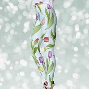 Legging Padrão de Impressão de Tulipa Colorido Azul Claro