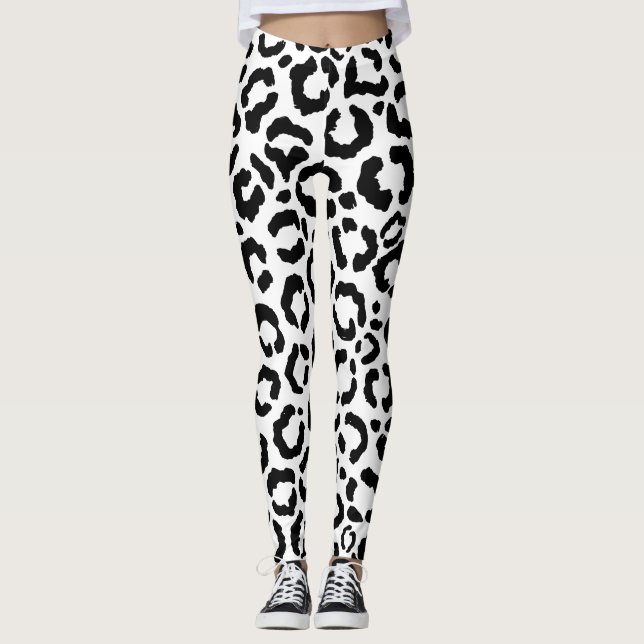 Legging Padrão de Impressão do Animal Leopardo Branco Negr (Frente)