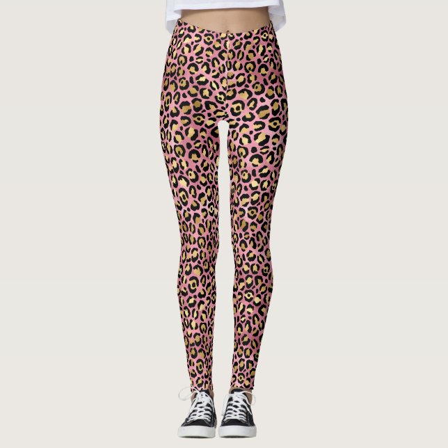 Legging Padrão de impressão do Leopard rosa e Dourado (Frente)
