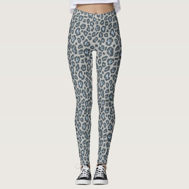 Legging Padrão de Impressão do Leopardo da Cinza Azul-Chic (Frente)