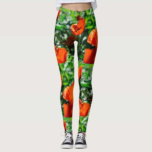 Legging Padrão de Jardim das Flores Vermelhas Estilizadas (Frente)