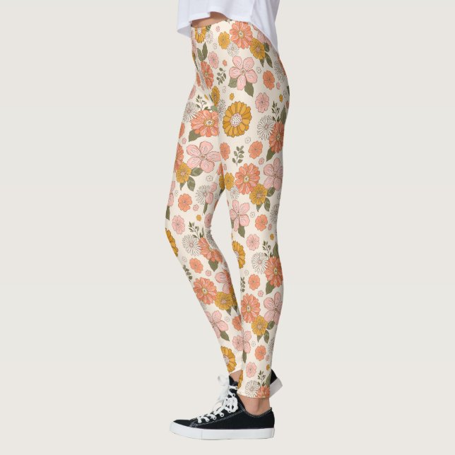 Legging Padrão de Jardim de Flor Rosa e Laranja (Esquerda)