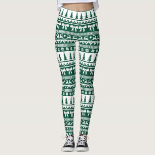 Legging Padrão de Knit de Suéter Feio de Natal em Verde Es