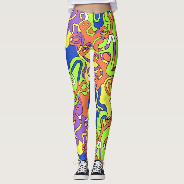Legging Padrão de Labirinto Abstrato Neon Rabiscado (Frente)