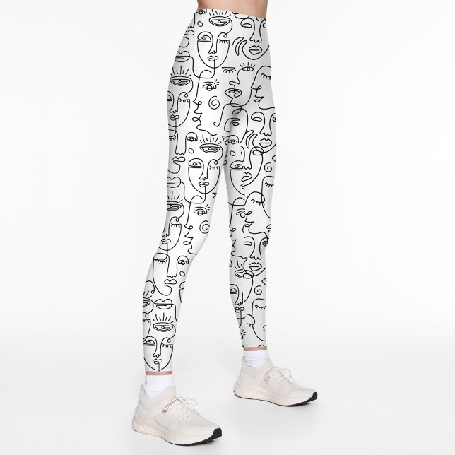 Legging Padrão de linha branca Abstrato preto moderno (Modern abstract black and white face line pattern design printed leggings.)