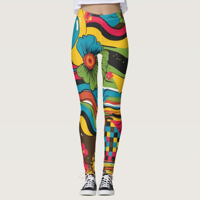 Legging Padrão de Linha Psicodélica do Groove Waves 70s (Frente)