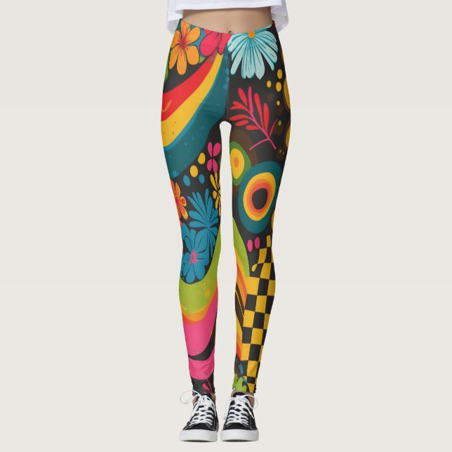 Legging Padrão de Linha Psicodélica do Groove Waves 70s (Frente)