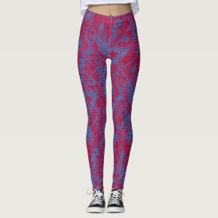 Legging Padrão de linhas e patches em azul vermelho BG