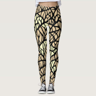 Legging Padrão de Linhas Geométricas Abstratas Bege e Pret