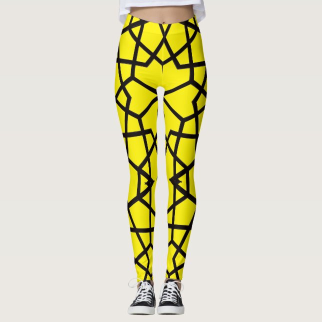 Legging padrão de linhas pretas abstrato em amarelo pristi (Frente)