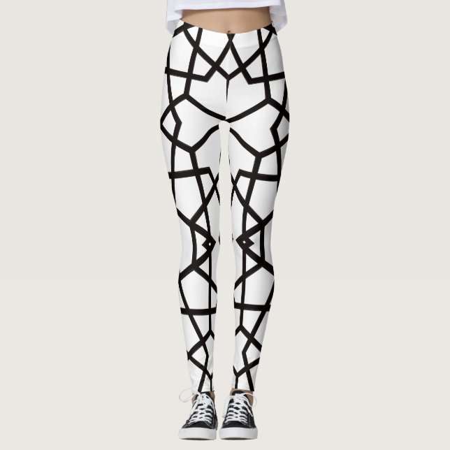 Legging padrão de linhas pretas abstrato em branco pristin (Frente)