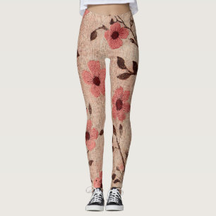 Legging Padrão de Linho Floral Bege Rústico (4)