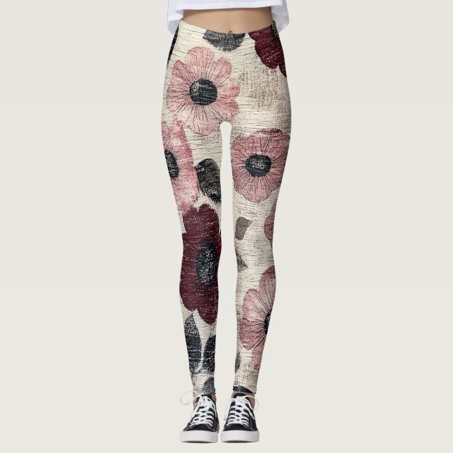 Legging Padrão de Linho Floral Bege Rústico (7) (Frente)
