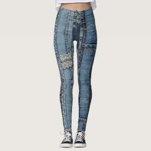 Legging Padrão de Listra de Renda em Denim Índigo
