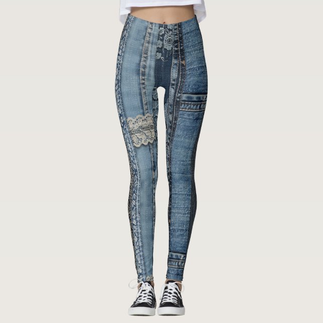 Legging Padrão de Listra de Renda em Denim Índigo (Frente)
