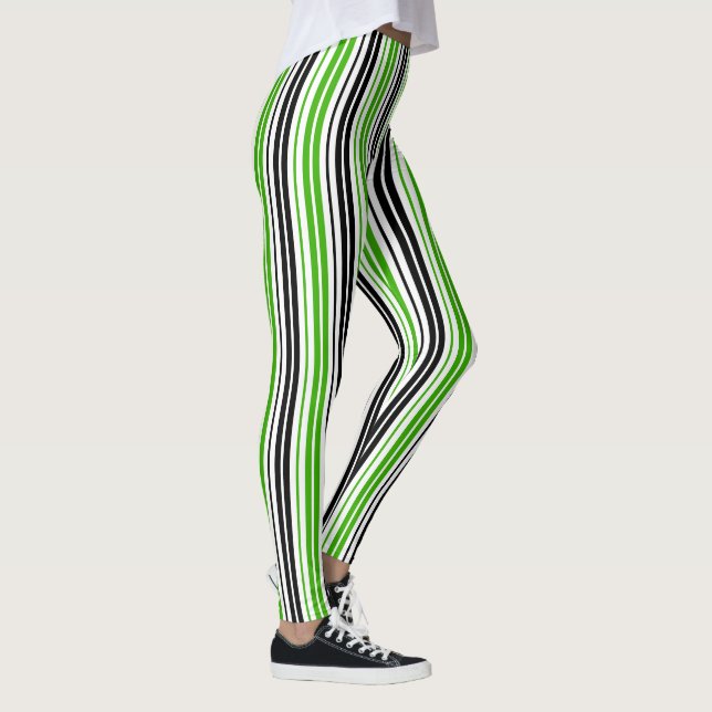 Legging Padrão de Listras Verde Preto Branco Design  (Direita)