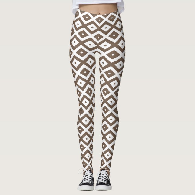 Legging Padrão de losango branco e castanho de taupe (Frente)