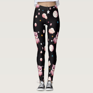 Legging Padrão de Luar de Coruja Rosa