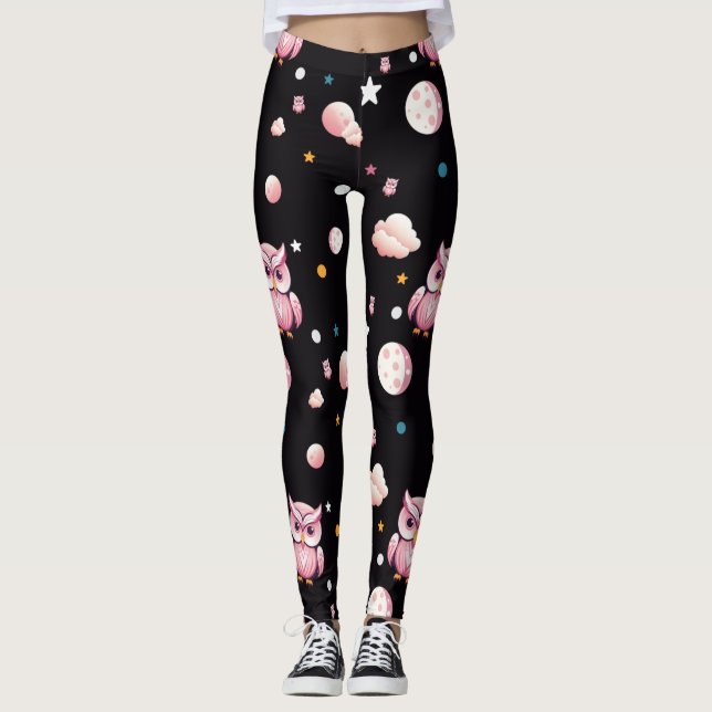 Legging Padrão de Luar de Coruja Rosa (Frente)