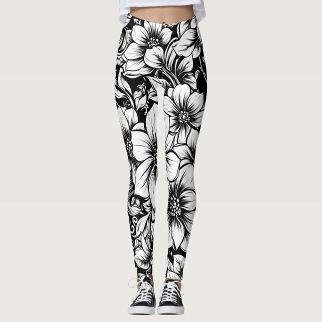 Legging Padrão de Luxo Floral Monocromático Chic (1) (Frente)