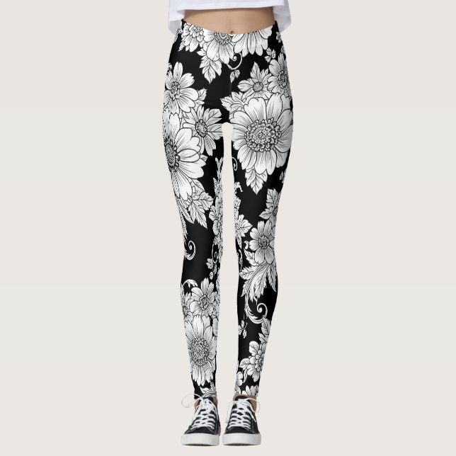 Legging Padrão de Luxo Floral Monocromático Chic (2) (Frente)