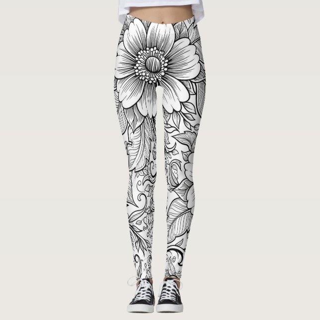 Legging Padrão de Luxo Floral Monocromático Chic (3) (Frente)