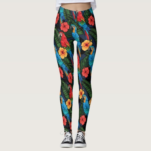 Legging Padrão De Macaw E Hibiscus (Frente)