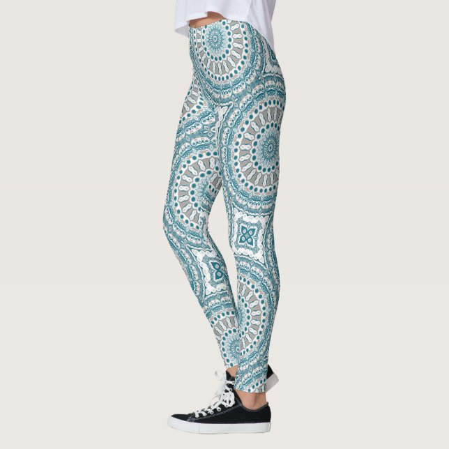 Legging Padrão de Mandala Abstrata em Verde Azul e Bege (Esquerda)