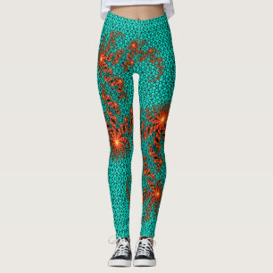 Legging Padrão de Mandala Abstrata Preto e Turquesa