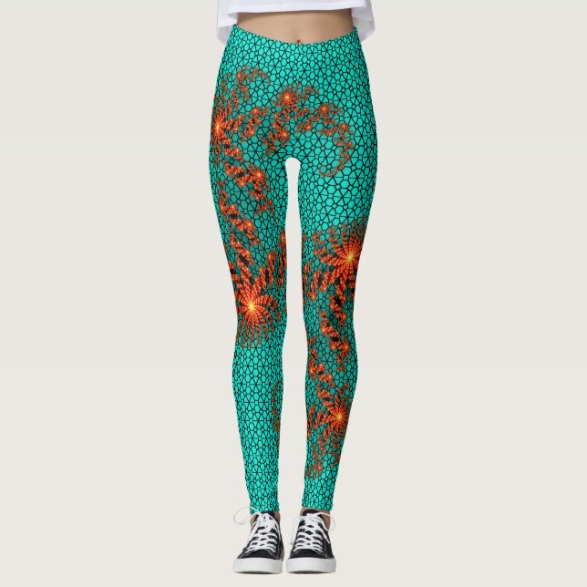Legging Padrão de Mandala Abstrata Preto e Turquesa (Frente)