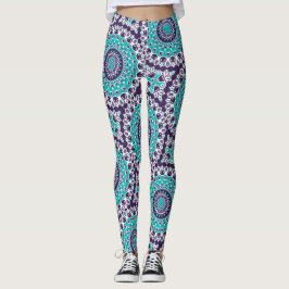 Legging Padrão de Mandala Abstrato em Verde-Azul e Violeta