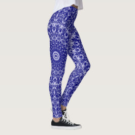 Legging Padrão de Mandala Azul e Branco da meia-noite