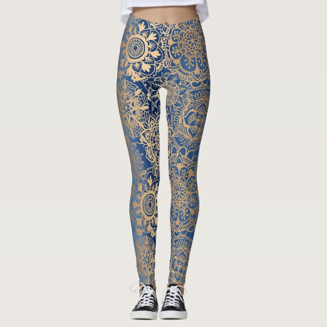 Legging Padrão de Mandala azul e Dourado (Frente)