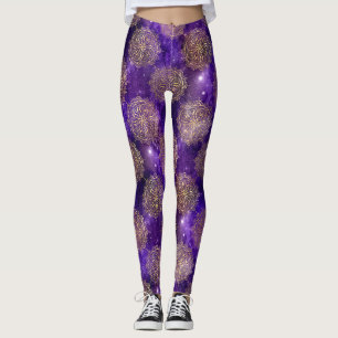 Legging Padrão de Mandala Dharma da Galáxia Dourada e Roxa