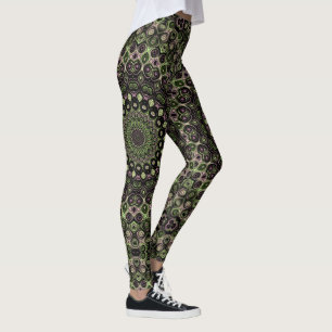 Legging Padrão de Mandala em Caleidoscópio Verde e Preto