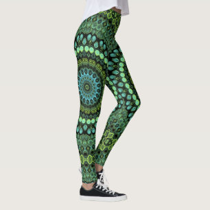 Legging Padrão de Mandala em Caleidoscópio Verde e Turques