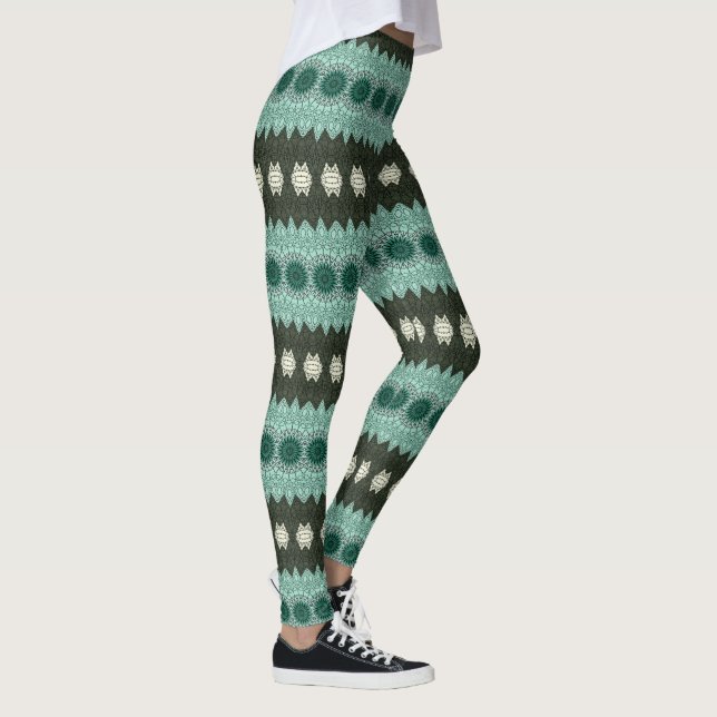 Legging Padrão de Mandala Geométrico Azul Turquesa e Verde (Direita)