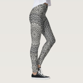 Legging Padrão de Mandala Geométrico Preto e Branco
