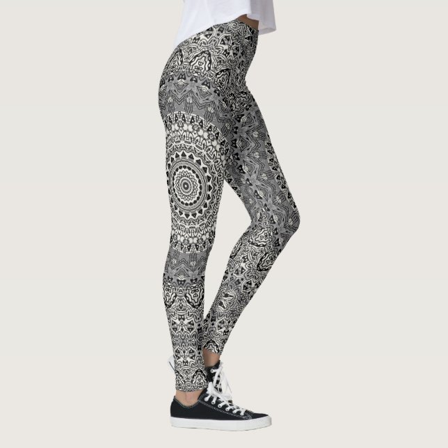 Legging Padrão de Mandala Geométrico Preto e Branco (Direita)