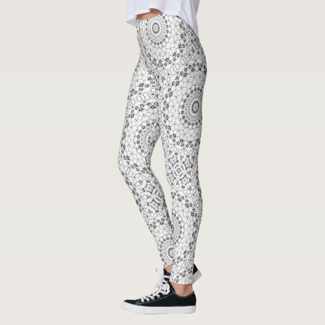 Legging Padrão de Mandala Geométrico Preto e Branco (Esquerda)
