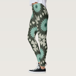 Legging Padrão de Mandala Geométrico Verde e Turquesa