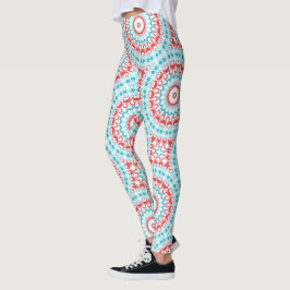 Legging Padrão de Mandala Geométrico Vermelho e Aquático