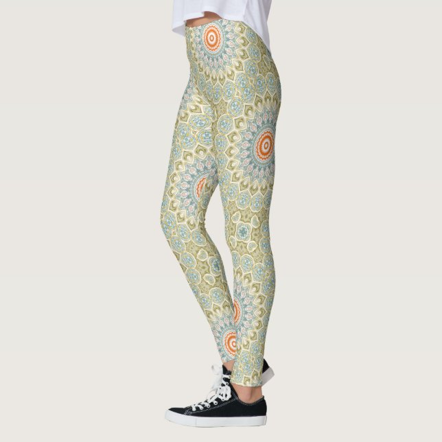 Legging Padrão de Mandala Laranja e Azul Turquesa com Acen (Esquerda)