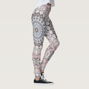 Legging Padrão de Mandala Rosa Cinza e Branco