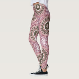 Legging Padrão de Mandala Rosa e Mocha Geometria Floral