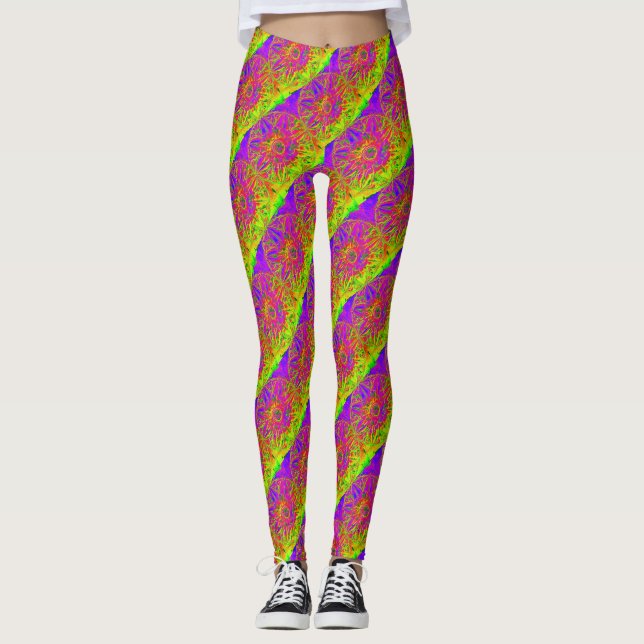 Legging padrão de mandala roxa com faixa diagonal amarela (Frente)