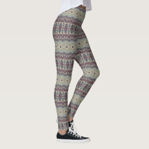 Legging Padrão de Mandala Roxo Turquesa e Creme